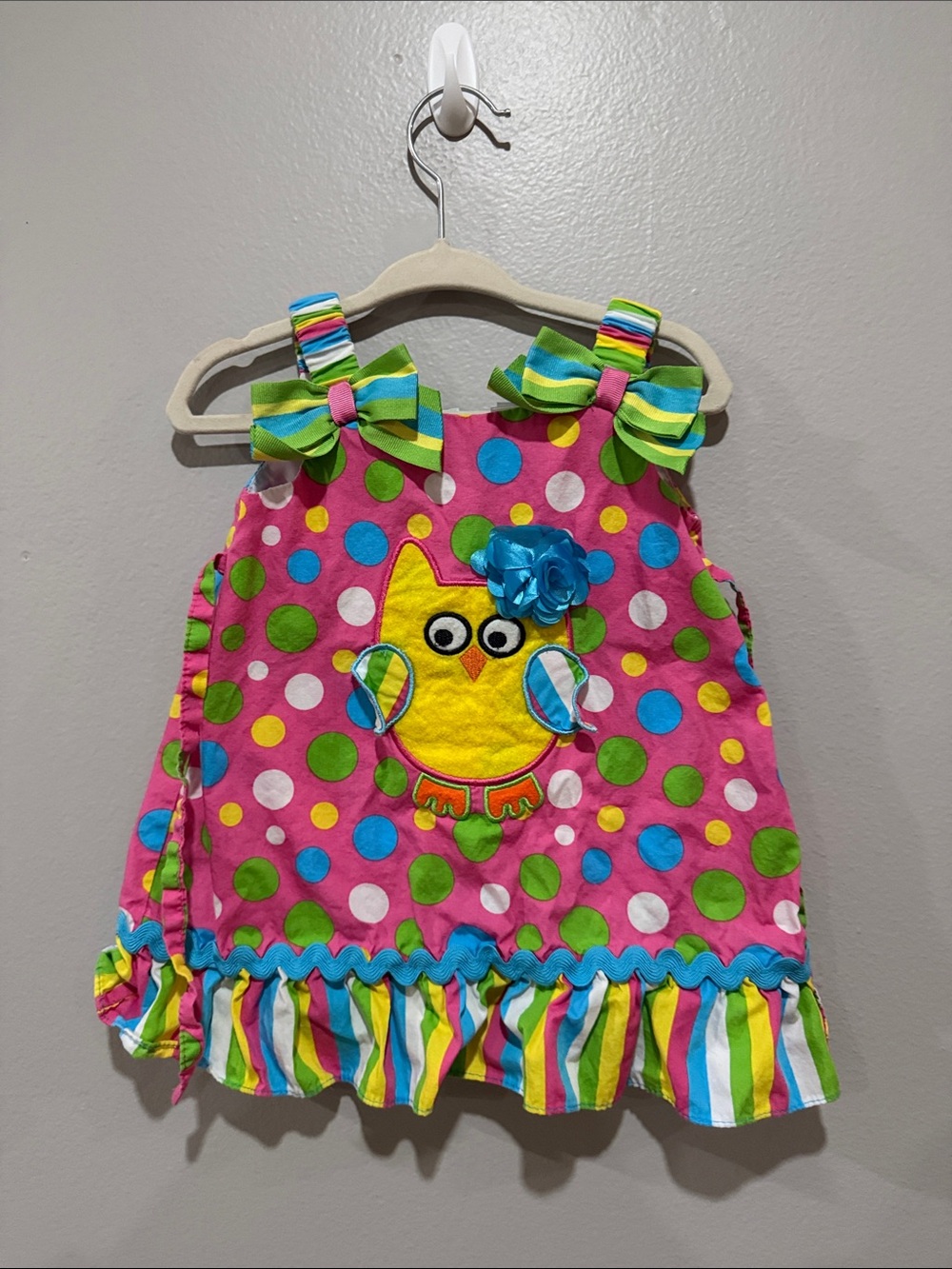 Youngland Pink Polka Dot Owl Dress with Colorful Stripes 12 months